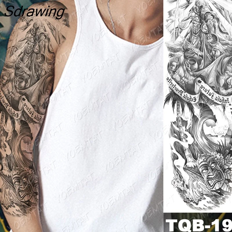 Sdrawing Arm Sleeve Tattoo Tiger Lion Wolf Owl Waterproof Temporary Tatto Sticker Crown Warrior Body Art Full Fake Tatoo Men Women