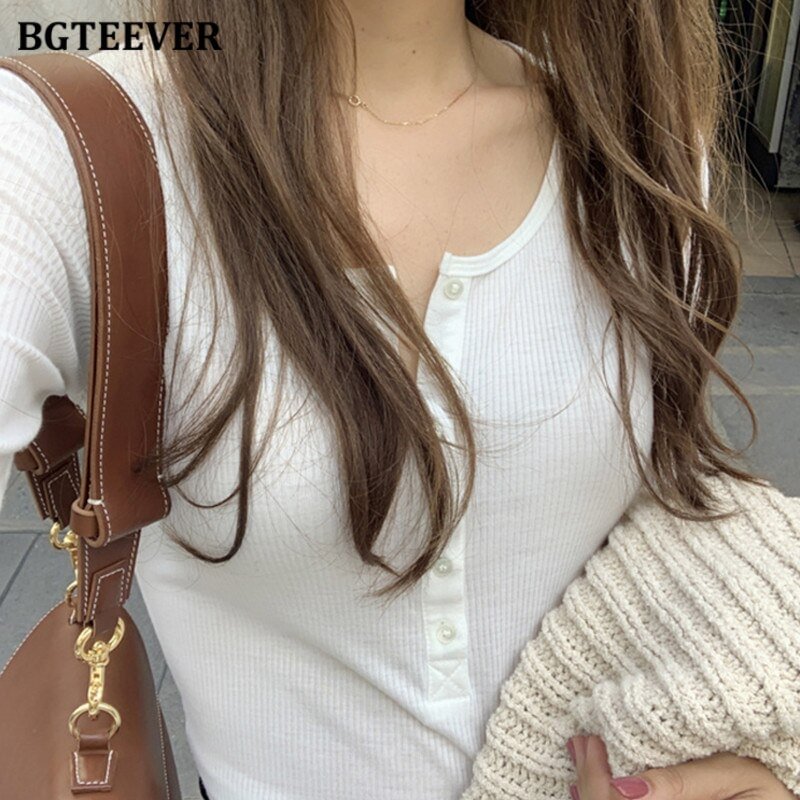 Woherb Casual Basic O-neck Solid T-shirts Tops Women Spring Autumn Slim Long Sleeve Buttons Female Pullovers Tees