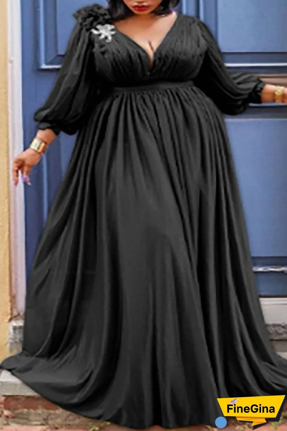 Black Sexy Casual Elegant Formal Solid Slit Fold Princess Plus Size Dresses