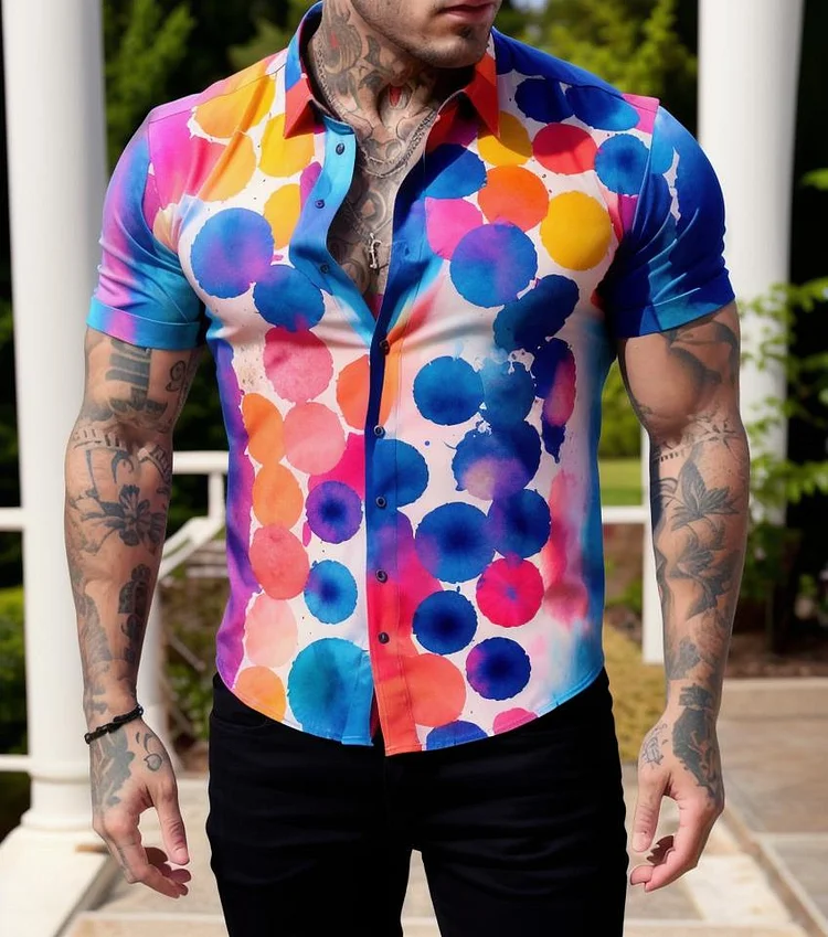 Men's Casual Colorful Circular Printed Short Sleeve Shirt at Hiphopee