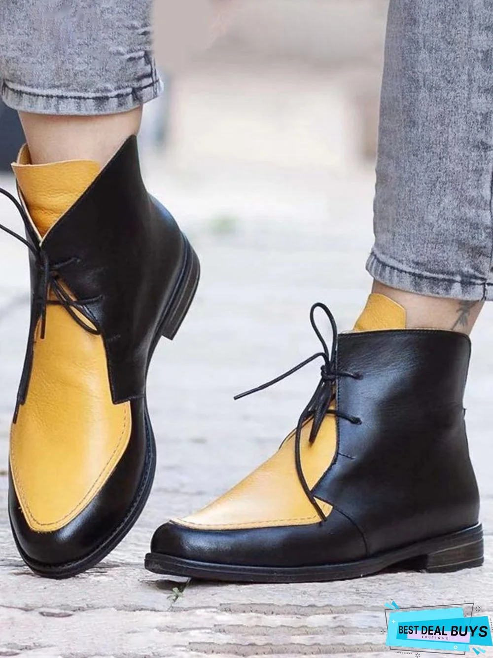 Comfortable Soft Leather Colorblock Lace-Up Pointed Toe Chukkas Booties