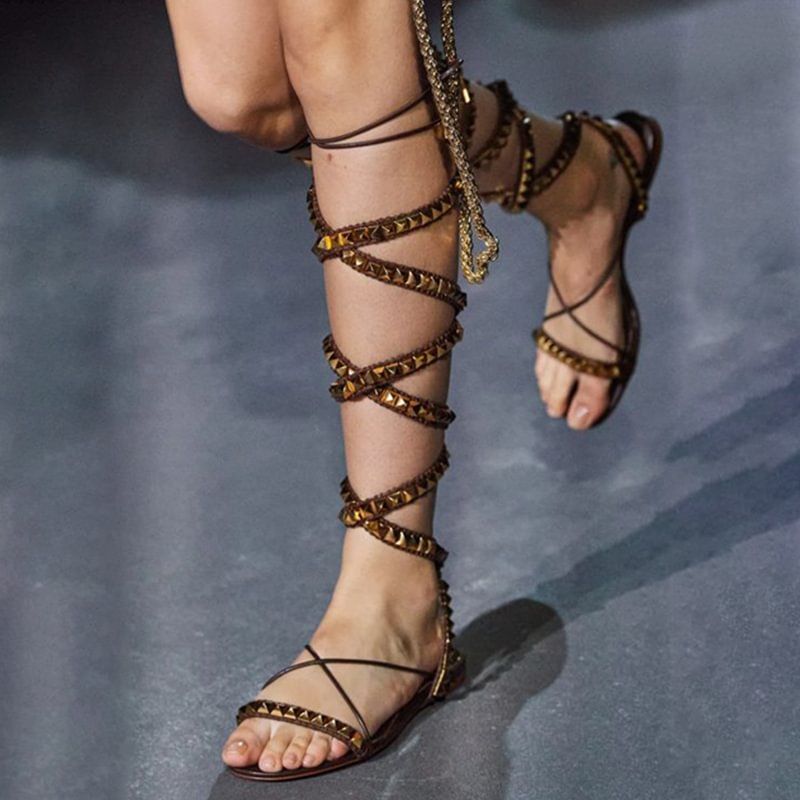 Women's Open Toe Knee High Sandals Classic Studs Flats Gladiator Shoes Nicepairs