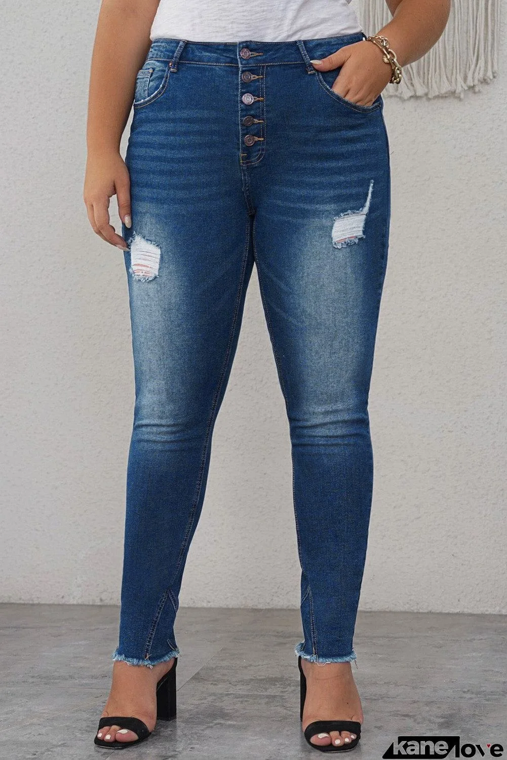 Plus Size High Rise Buttons Distressed Ankle Skinny Jeans