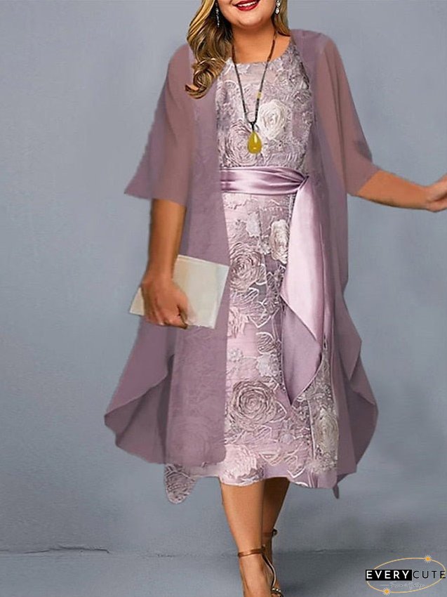 Women's Dress - Plus Size Casual Dress Dress Set Two Piece Dress Floral Midi Dress 3/4 Length Sleeve Crew Neck Fashion Daily Pink Wine Summer Spring L XL XXL 3XL 4XL