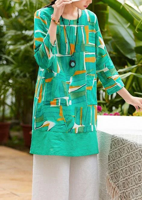 Simple o neck patchwork pockets linen tunic pattern Christmas Gifts green print blouse summer