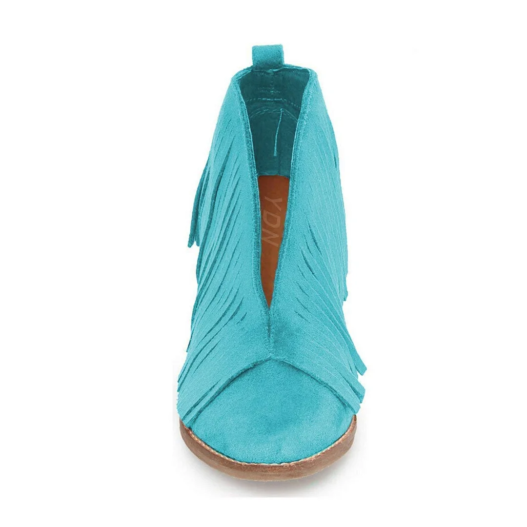 Turquoise Faux Suede Round Toe Fringe Ankle Boots with Block Heel