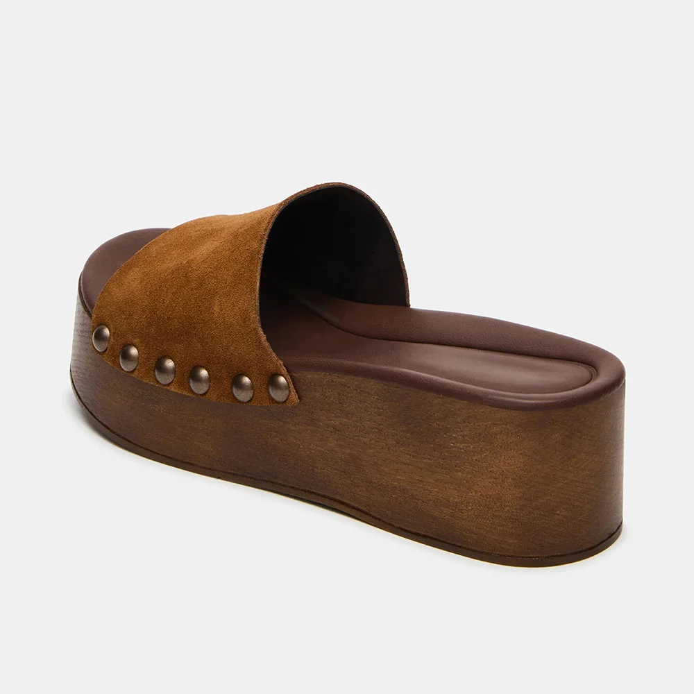 Tan Vegan Suede Round Toe Clog Walking Studded Slides with Platform