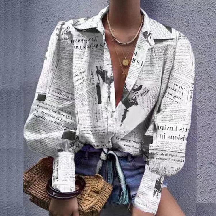 Women Printed Contrast Color Loose Shirts 2021 Spring Summer New Ladies Lantern Sleeve Lapel Buttons Casual Blouse Top Plus Size