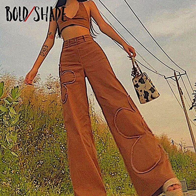 Bold Shade Indie Clothes Aesthetic Women Jeans Floral High Waist Brown Wide Legs Pants Denim 90s Skater Vintage Street Trend Hot