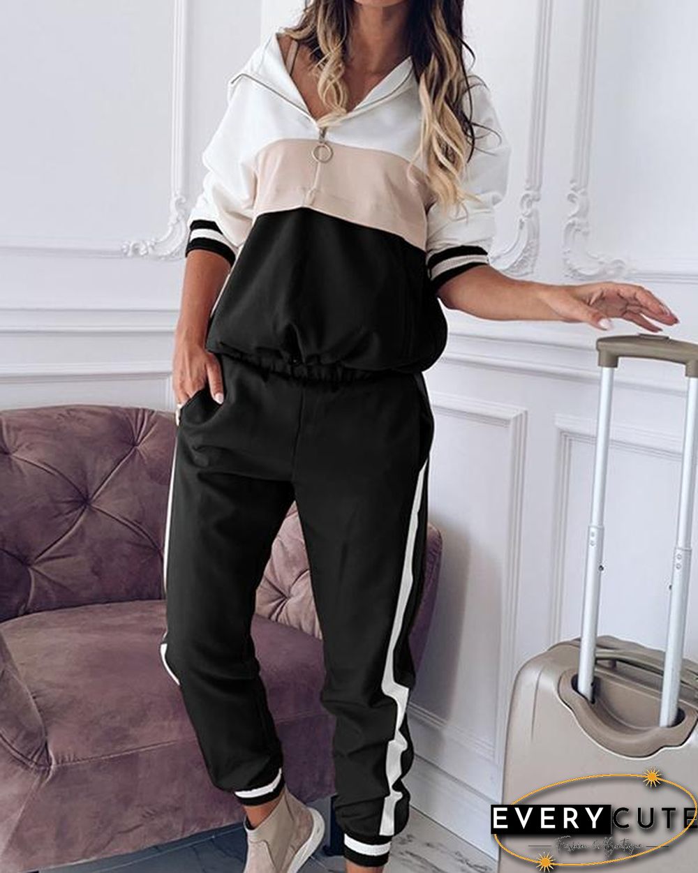 Casual Color Block Zipper Hoodie Sweatshirt&Pants Set