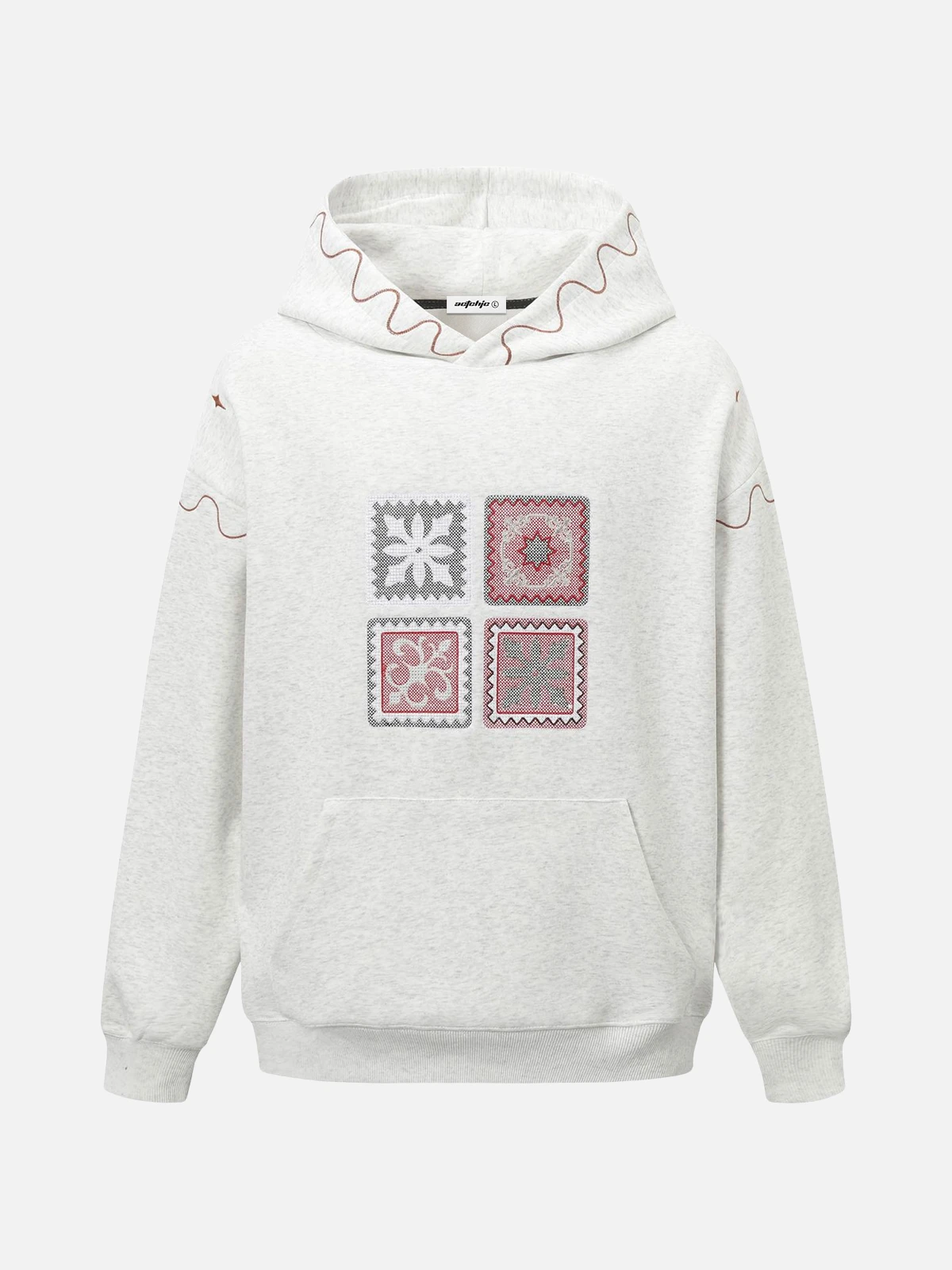 Light Grey Ethnic Felt Graphic Embroidery Pullover Hoodie Front