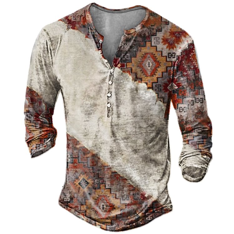 Men's Western Ethnic Aztec Graphic Henry Shirt