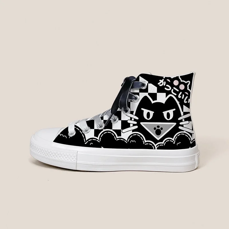 Halloween Edition Scary Neko Cat High Top Canvas Shoes - Women's