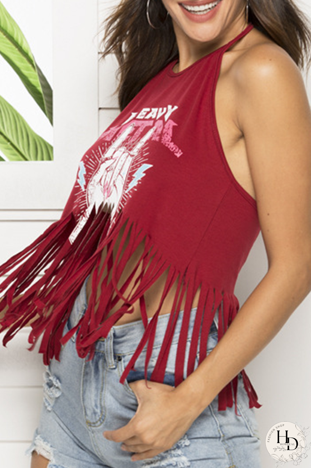 Black Sexy Print Tassel Halter Tops