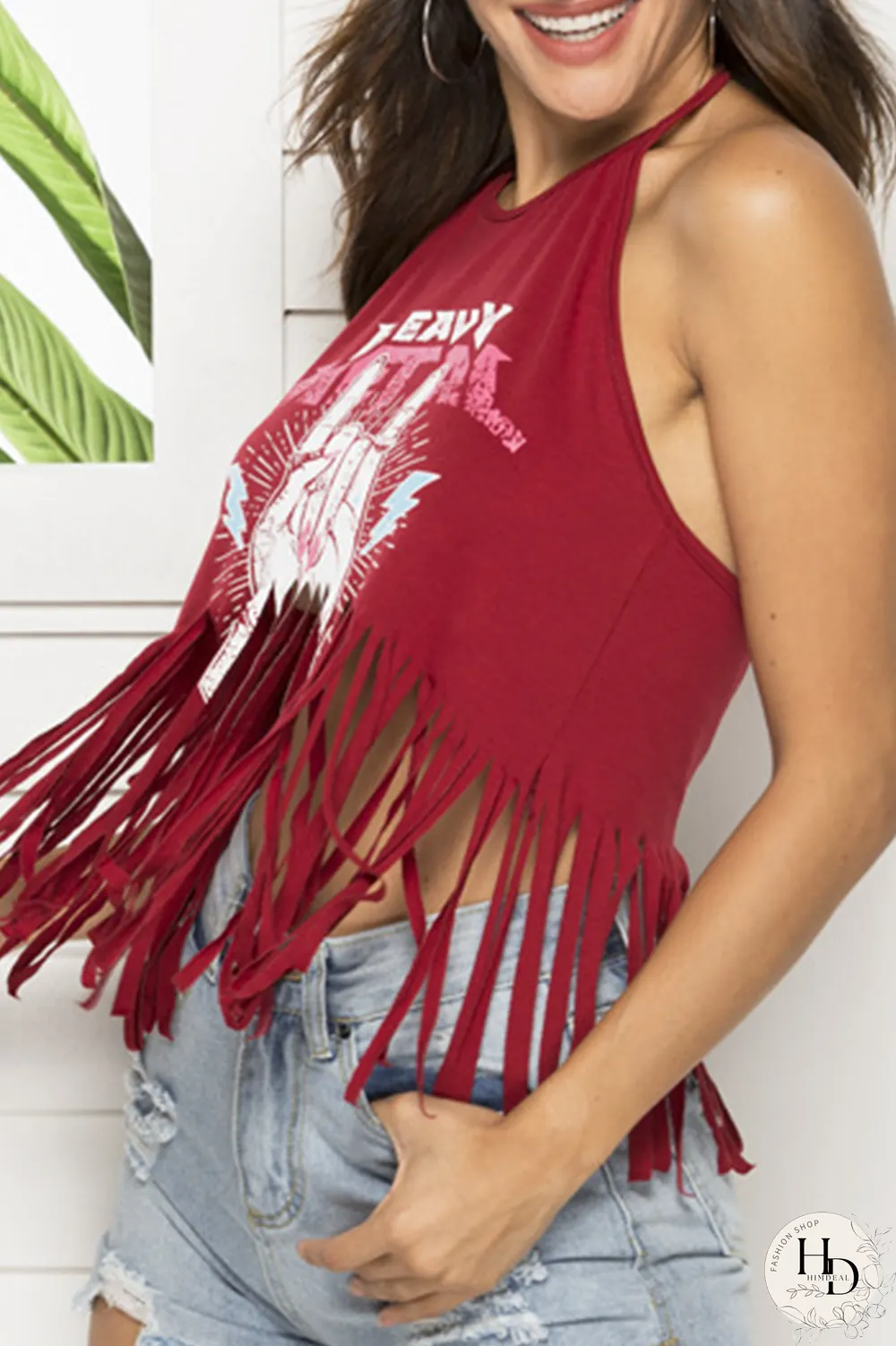 Black Sexy Print Tassel Halter Tops