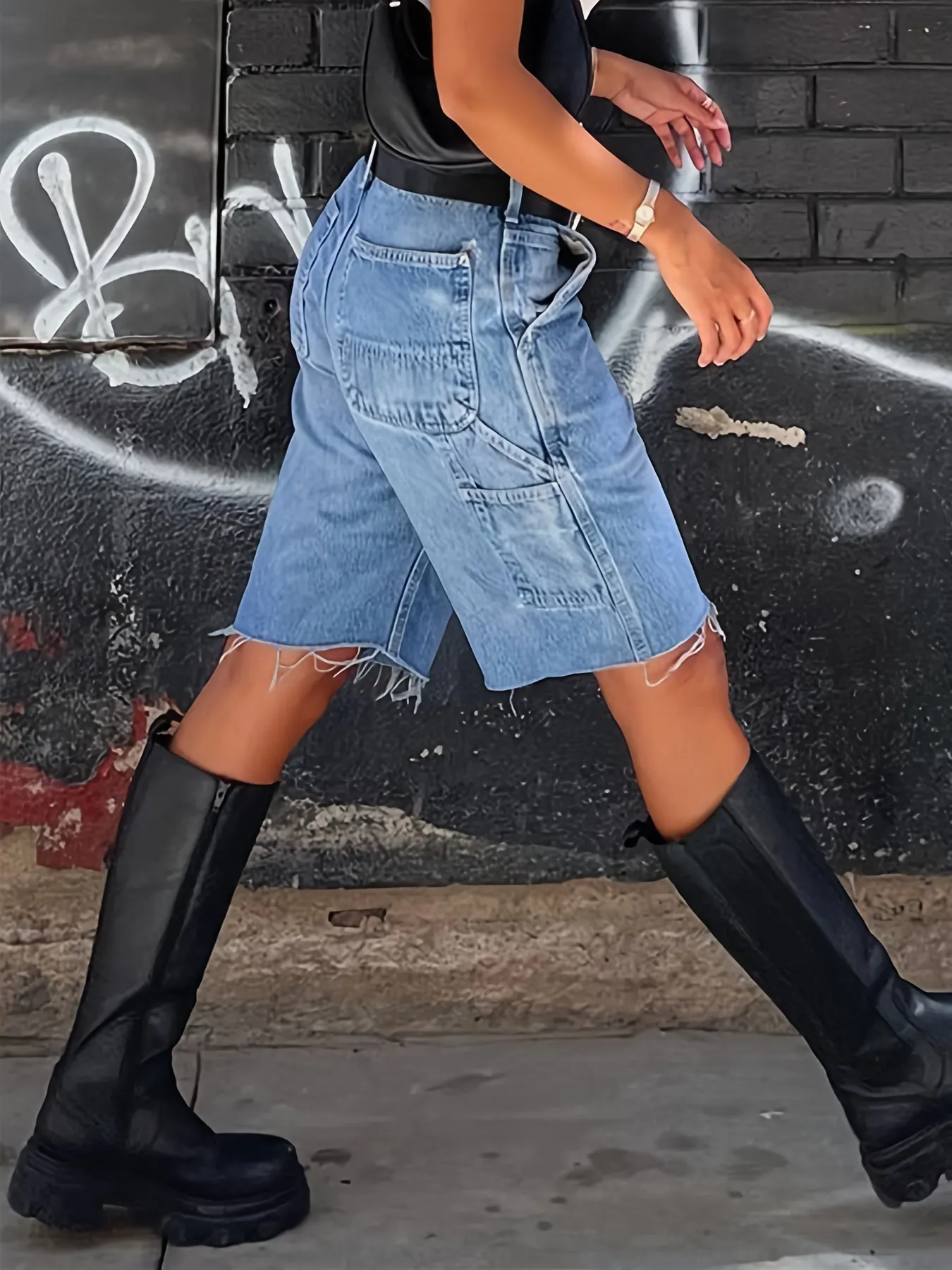 Nvfelix Womens Y2k Streetwear Straight-Leg Denim Shorts Blue Casual Loose Fit | IFYHOME