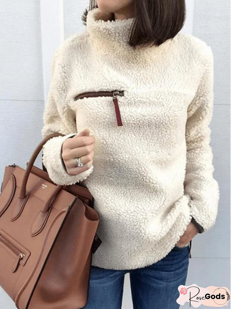 High Neck Zipper Plain Sweaters