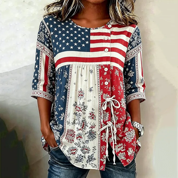 Women's Retro Independence Day Flag Floral Art Print Cotton Linen Casual Top