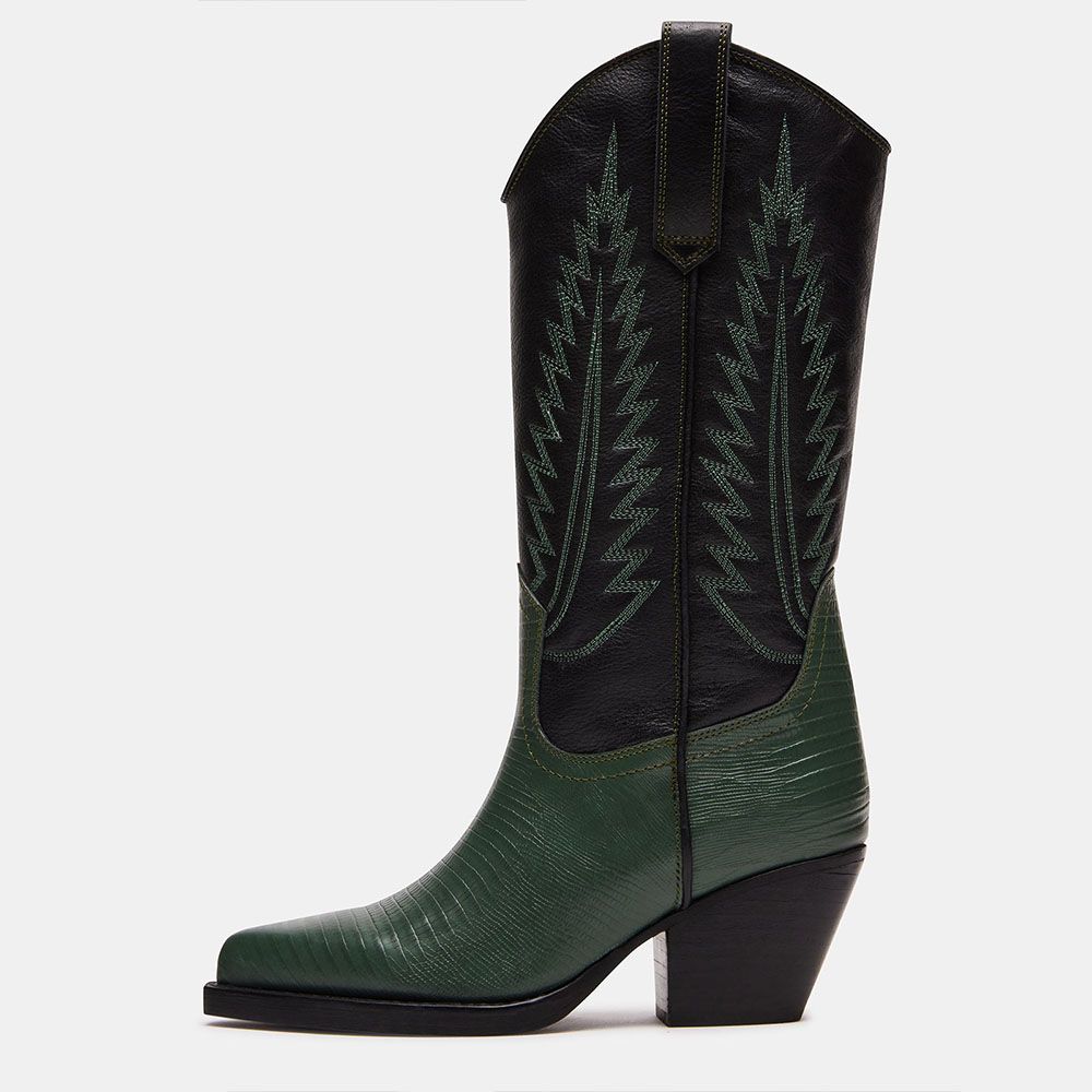 Black & Green Pointed Toe Chunky Heel Mid-Calf Cowgirl Boots Nicepairs