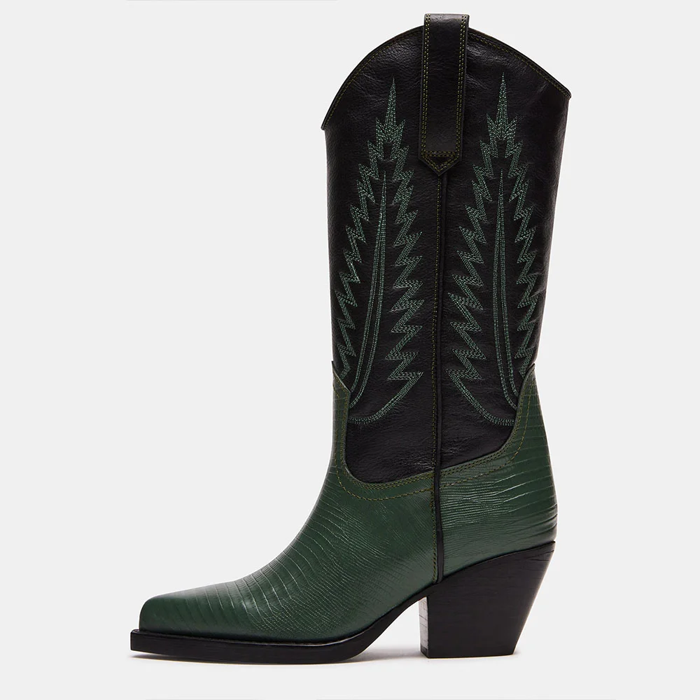 Black & Green Croco Embossed Pointed Toe Mid-Calf Cowgirl Boots Nicepairs