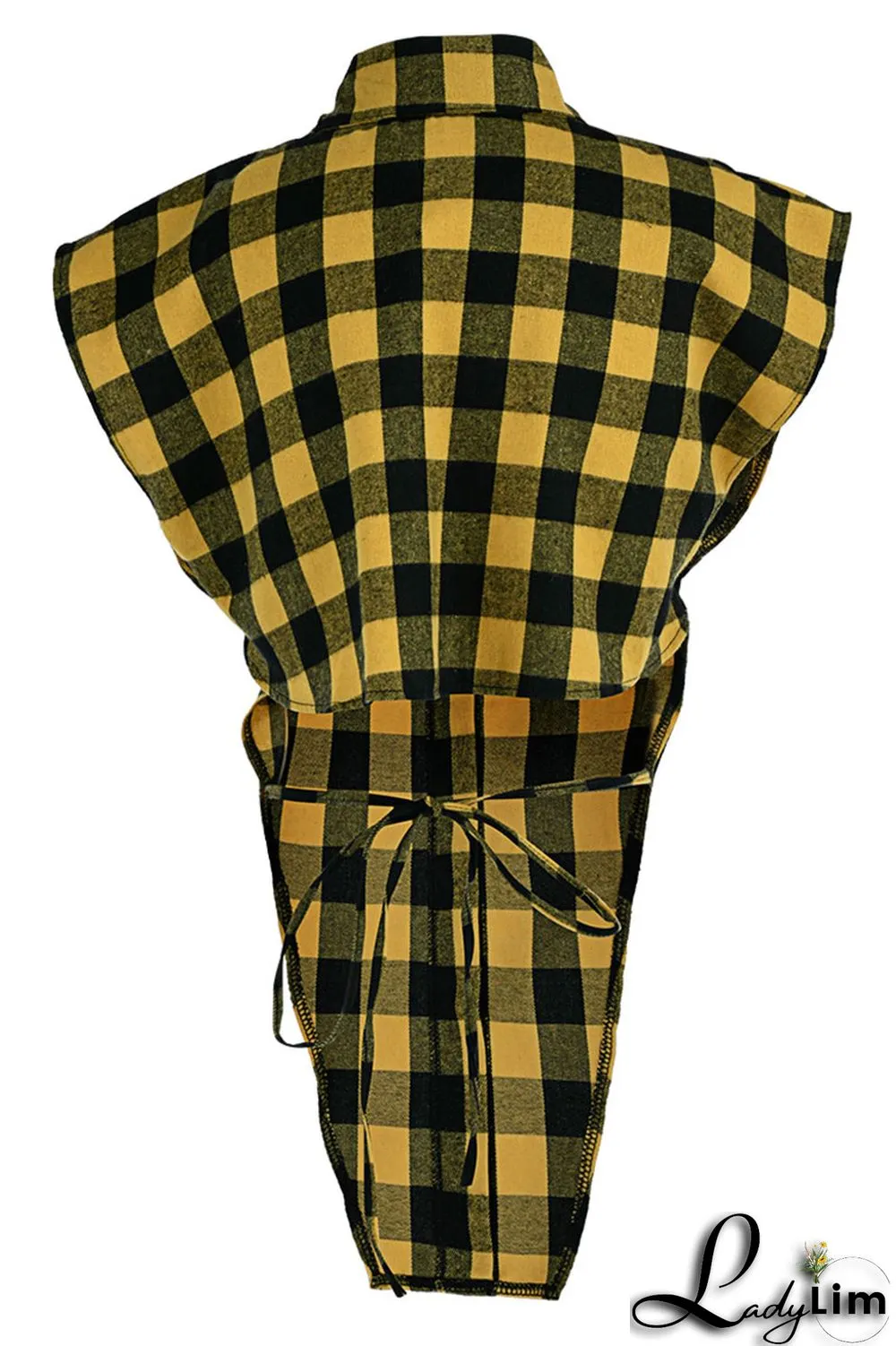 Yellow Casual Street Plaid Print Patchwork Buckle Asymmetrical Turndown Collar Tops