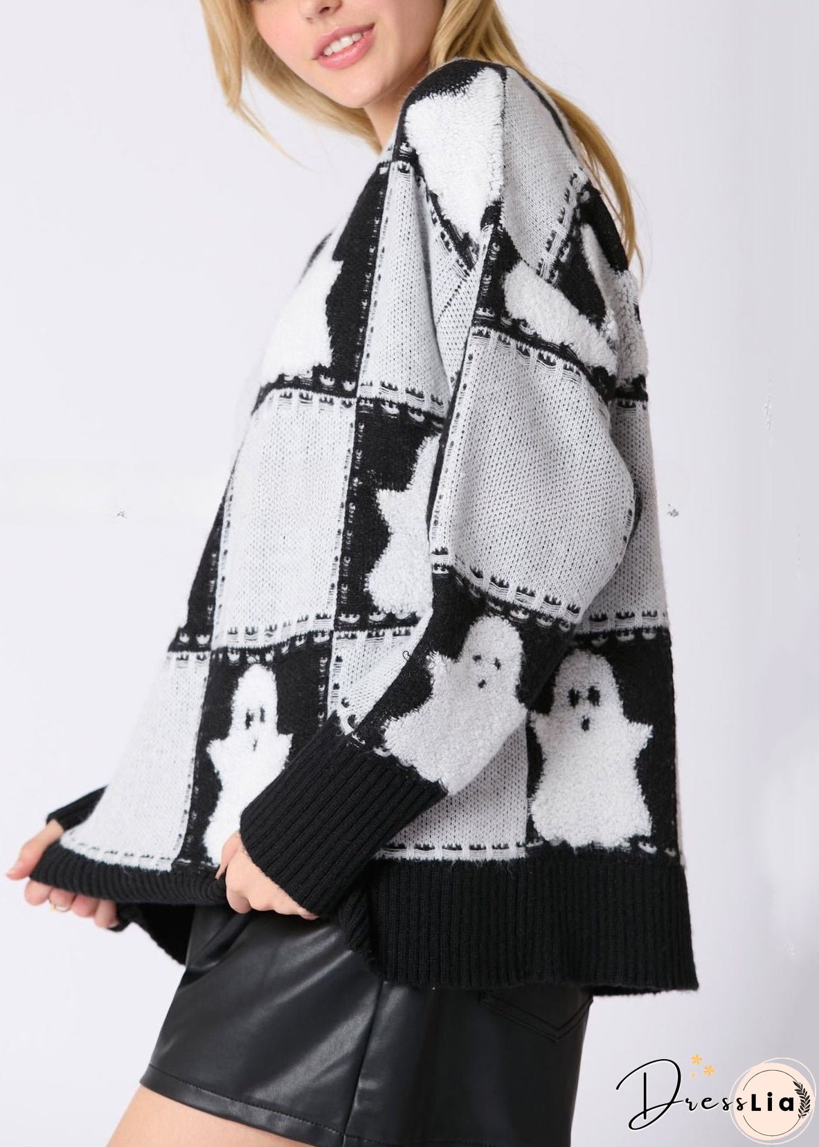 Plus Size White O Neck Plaid Knit Sweater Long Sleeve