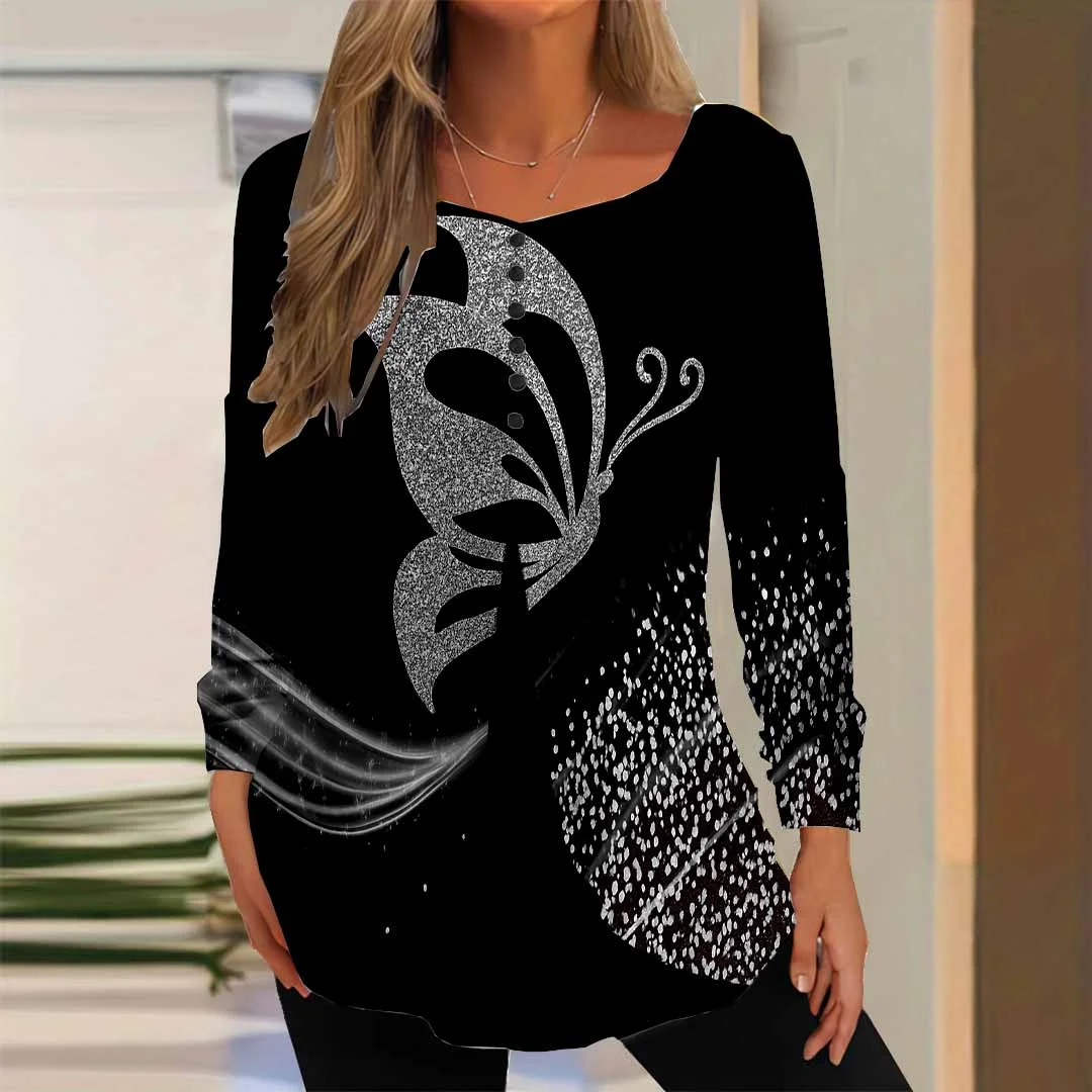 Women Graphic,Black DZGG8340 Long Sleeve Scoop Neck Printed Graphic Button Fake 2in1 Tops