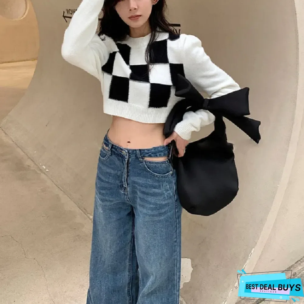 Chessboard Plaid Half High Neck Sweater