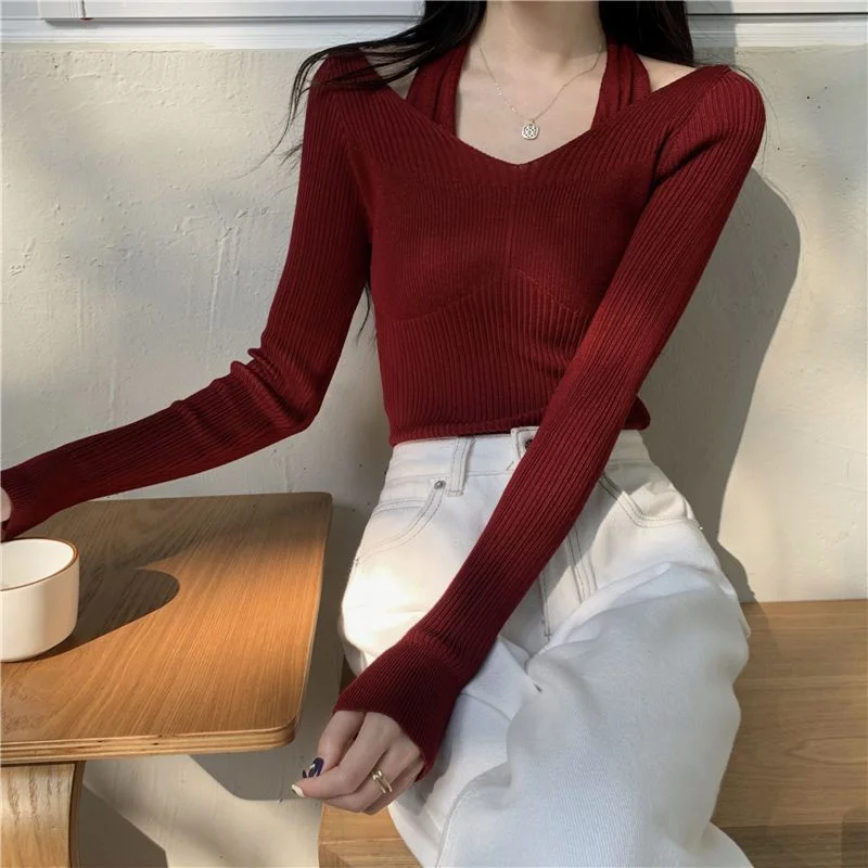 Uveng Uveng Up Spring And Autumn New Chic Sexy Chest Thin Hanging Neck Two Long-Sleeved Knitted Jersey Jersey Elastic Sweater
