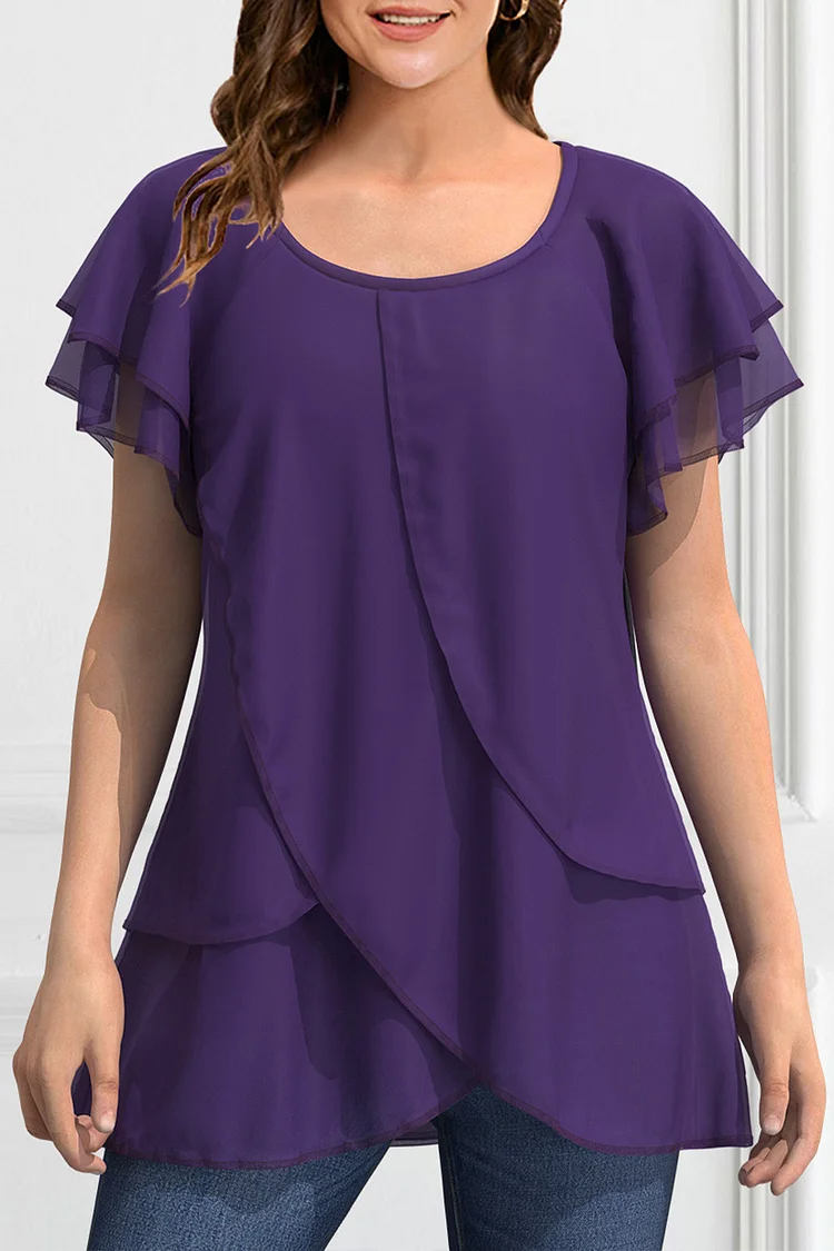 Flycurvy Plus Size Casual Dark Purple Chiffon Ruffle Sleeve Layered Asymmetrical Hem Blouse