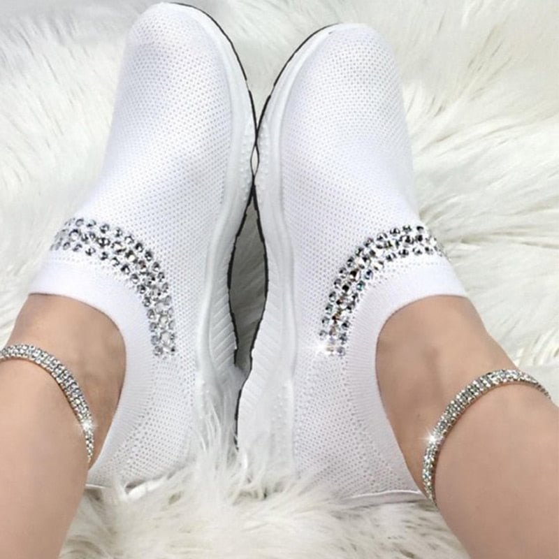 Back to college Women Crystal Sneakers 2022 Woman Flat Mesh Loafer Women's Comfort Vulcanized Ladies White Casual Shoes Trainers Basket Female