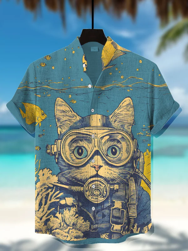 Men's Diving Cat Art Print Casual Shirt