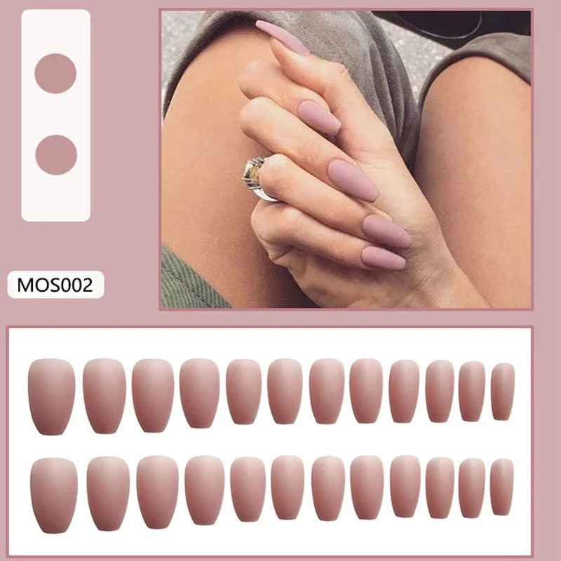 24Pcs Europe and the United State Beam ballerina fake press on nails Long Round Head Khaki matt fake nails with glue for girls-Nail Inspo
