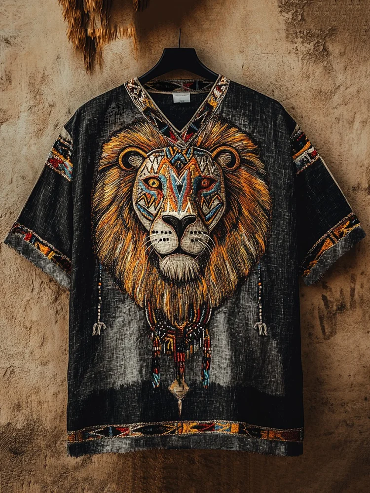Men's Egyptian African Lion Mask Art Cotton And Linen T-shirt / Rvogue / Rvogue