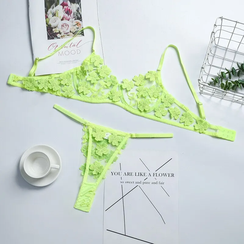 Billionm Sexy Lace Lingerie Set Floral See Through Bra Panty Nightwear Transparent Pink Underwear Women Embroidery Sheer Under Wear Sex