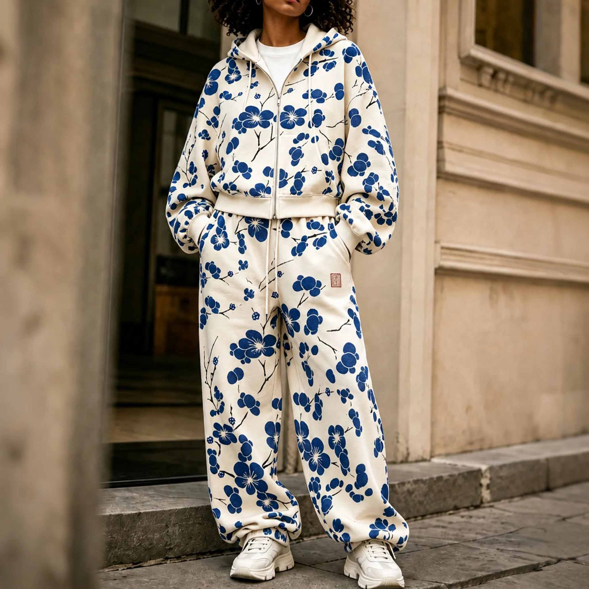 Comstylish Comstylish Women's Japanese Floral Art Print Zip Up Hoodie Two Piece Set