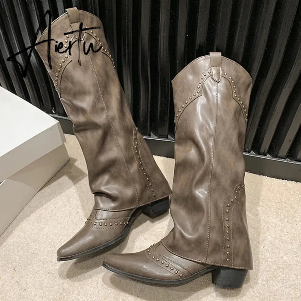 New Pointed Toe Chunky Heel Low Heel Knee Length Ladies Western Boots Folding Boots Rivet Decoration Retro Classic Women's Shoes Aiertu