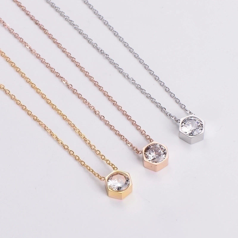 Stainless Steel 18K Gold Plated Rose Gold Plated Princess Wedding Shiny Plating Inlay Hexagon Zircon Pendant Necklace