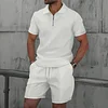 Men's Casual Waffle-Knit Two-Piece Set: Zip-Collar T-Shirt & Shorts by Inlyline