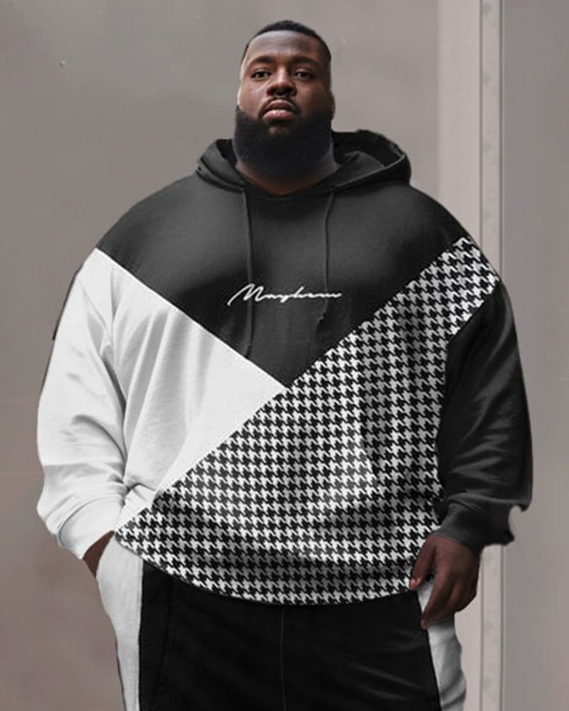 Men's Street Fashion Houndstooth Colorblock Plus Size Hoodie Suit