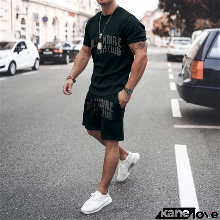 Men Casual Short Sleeve Round Neck Letter Printed Loose T-shirt And Drawstring Waist Shorts Two-piece Set