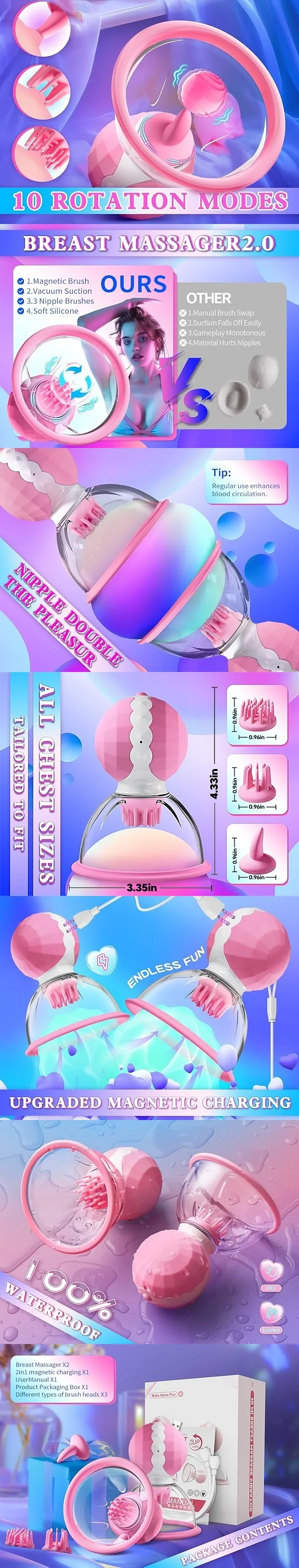 360 Rotating Breast Suckers With 3 Nipple Brushes  2026 New Quiet  Beginner-Friendly