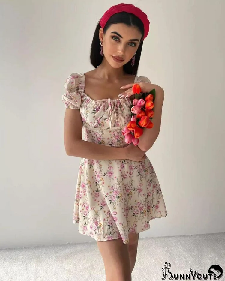 Women's Summer Fashion Puff Sleeve Floral A-Line Summer Female Dress