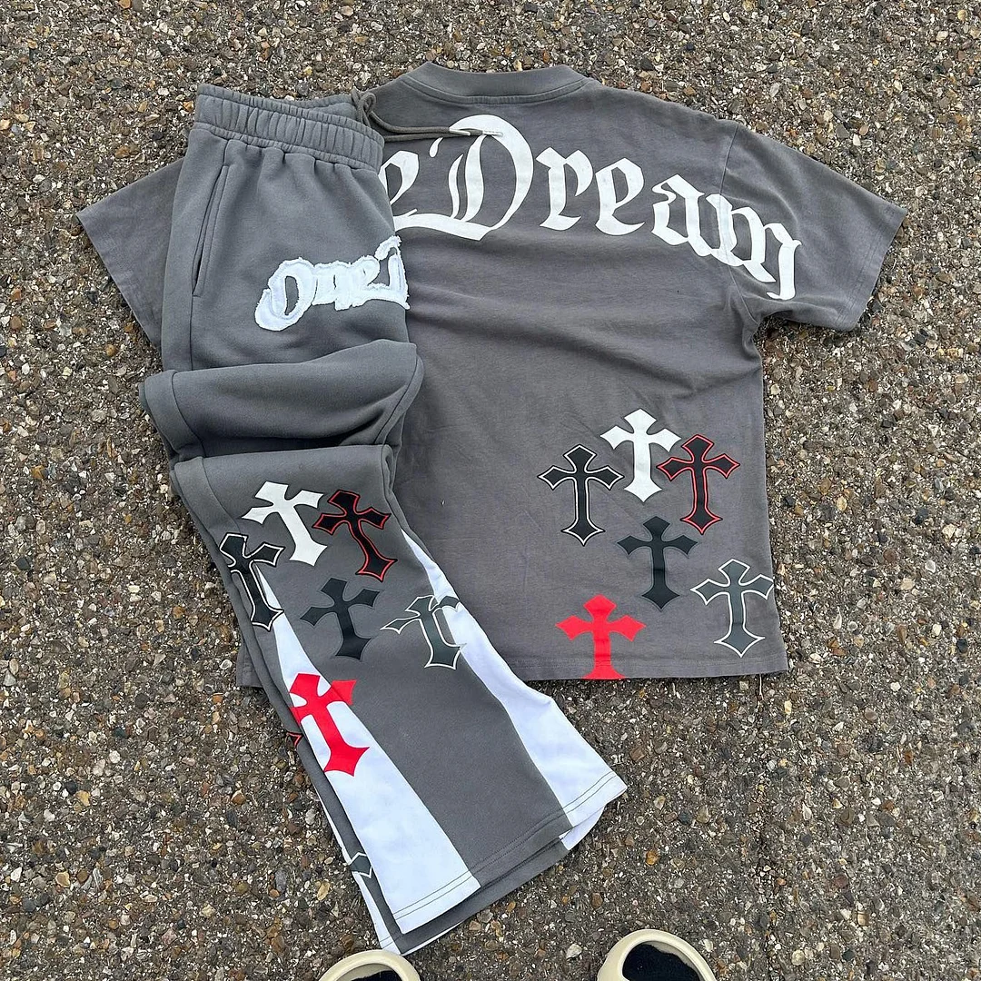 One Dream Cross Print T-shirt Sweatpants Two Piece Set