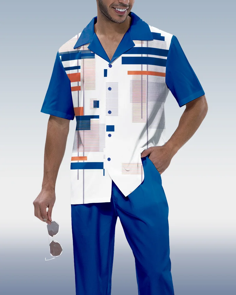 Men's Blue Print Short Sleeve Walking Suit