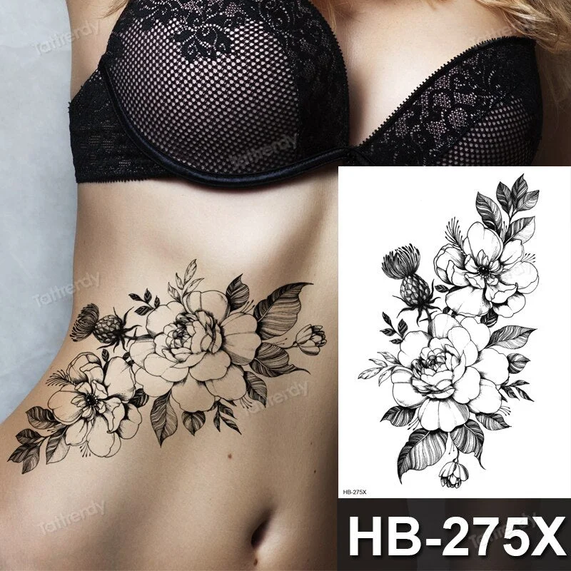 Tattoo Sticker Flower Big Body Art Waterproof Temporary Sexy Thigh Tattoos For Woman Tattoo Fake Water Black Sketch Line Sleeve