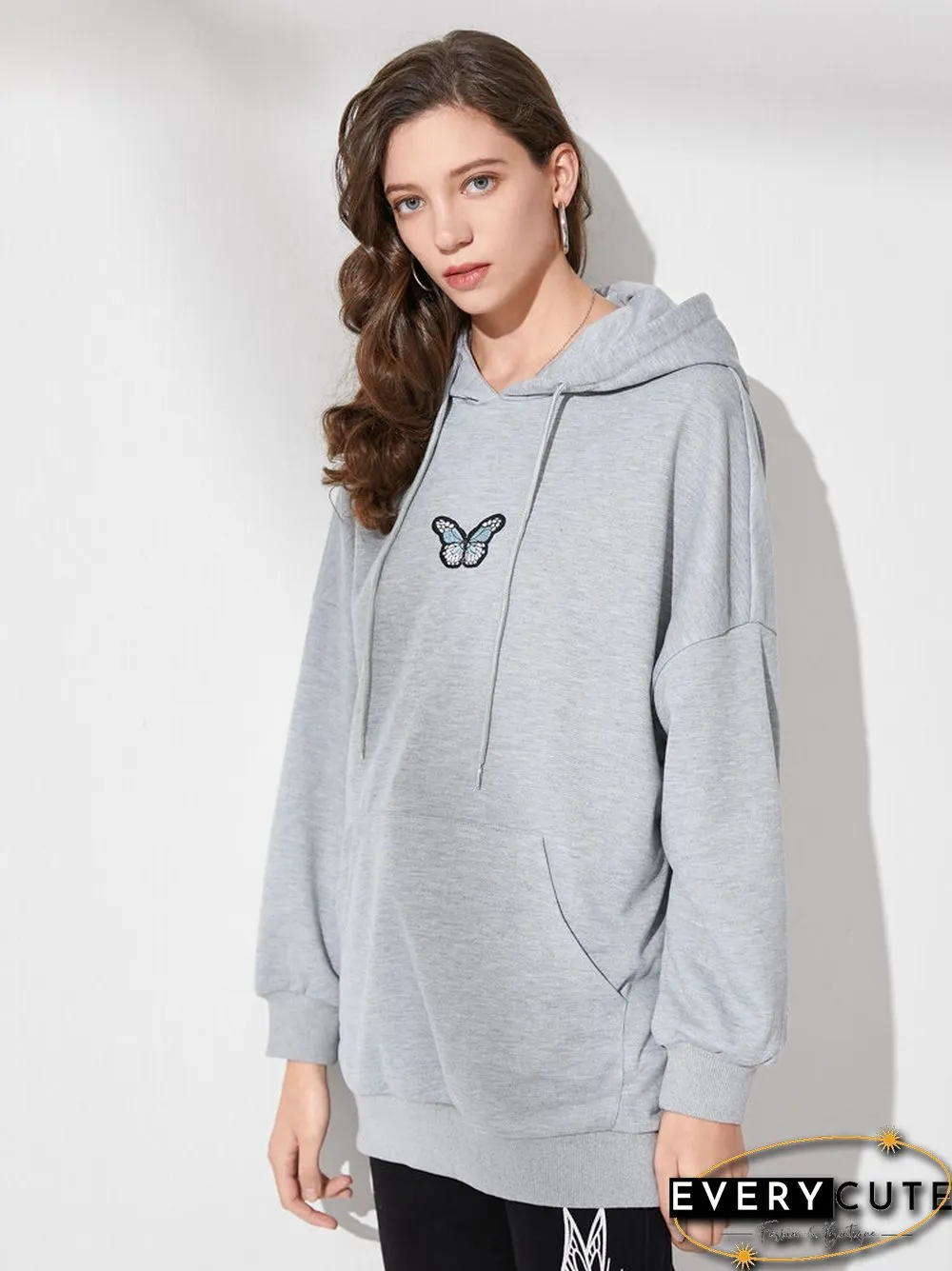 Butterfly Kangaroo Pocket Drop Shoulder Loose Hoodie
