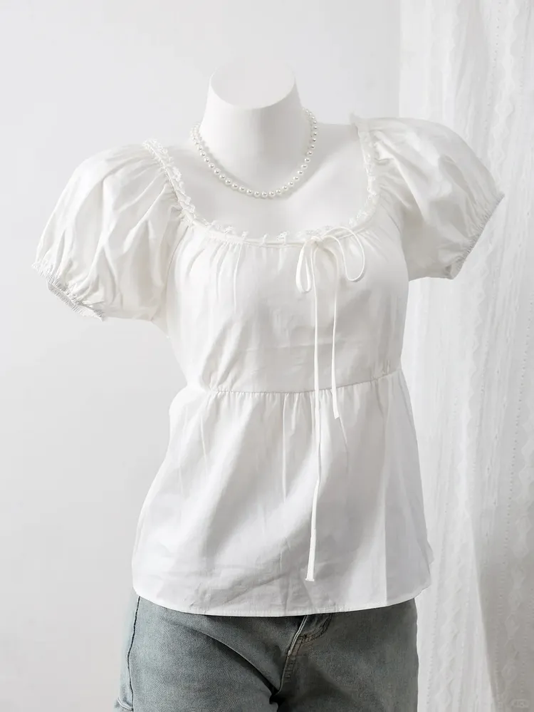 White square-neck puff-sleeve top
