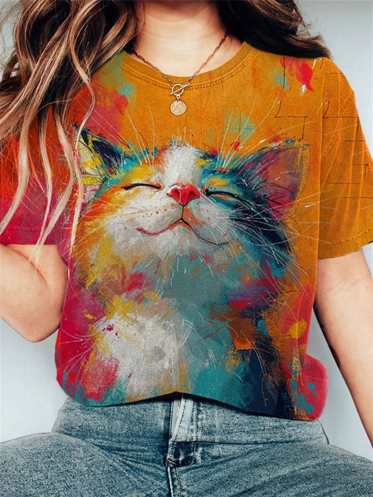 Comstylish Women's Casual Japanese Art Funny Oil Panting Cat Print T-shirt
