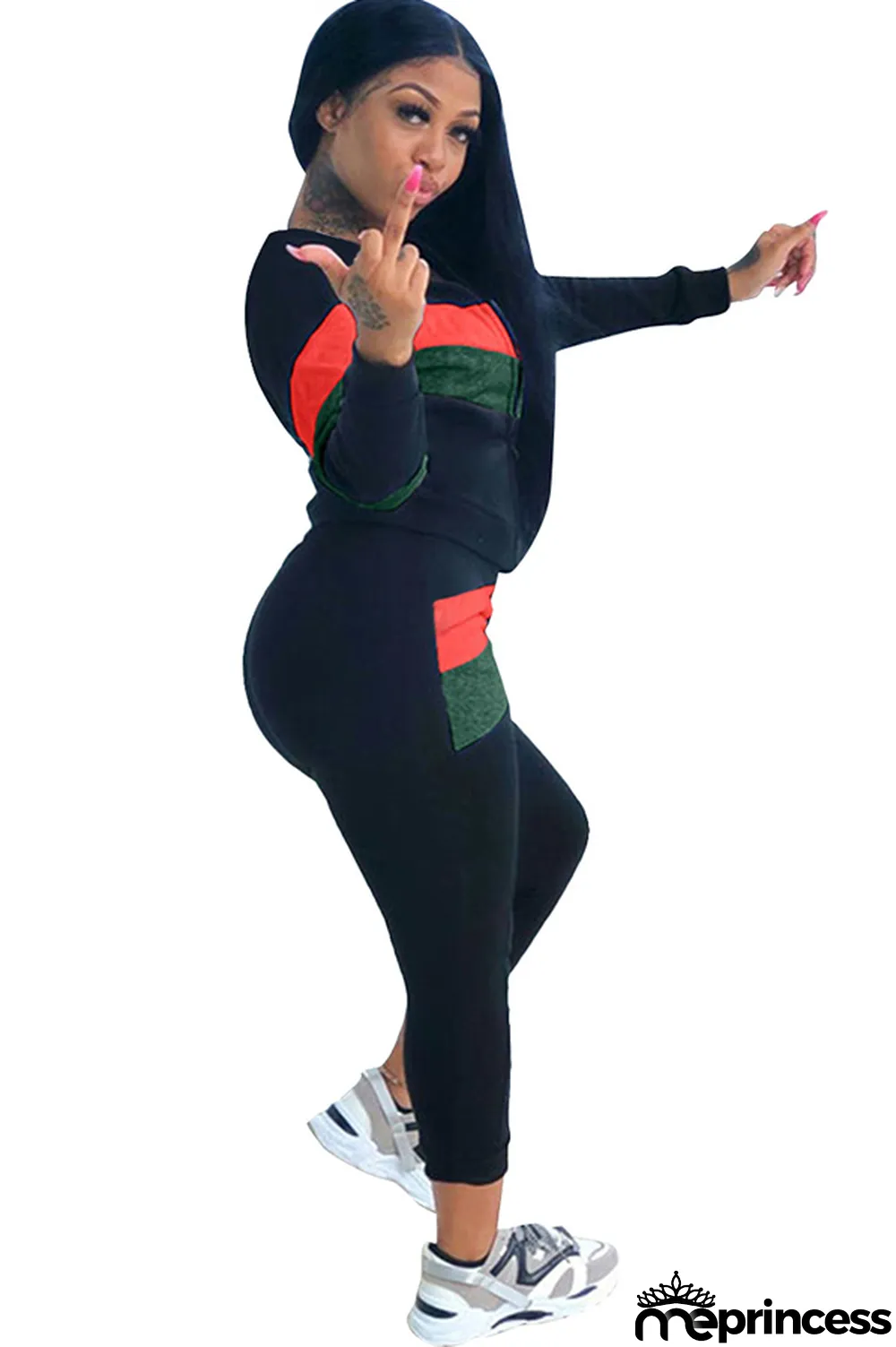 Blue Polyester Casual Two Piece Suits Patchwork Striped Straight Long Sleeve Two-piece Pants Set